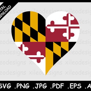 Może przedstawiać: Wzór w kształcie serca z flagą stanu Maryland. Flaga jest podzielona na cztery ćwiartki, przy czym lewa górna i prawa dolna ćwiartka są żółte i czarne, a prawa górna i lewa dolna ćwiartka są czerwone i białe. Czerwone i białe ćwiartki mają krzyż z czterema mniejszymi krzyżami.
