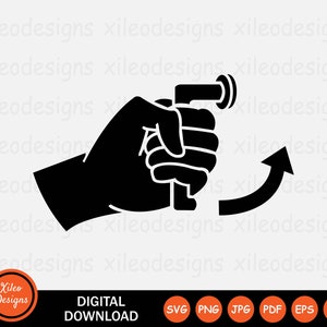 May include: Black and white illustration of a hand turning a knob clockwise. The knob is round with a small handle. The hand is in a fist with the thumb extended.