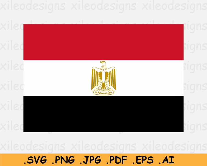 May include: The flag of Egypt, a horizontal tricolour with a red top band, a white middle band featuring a golden eagle, and a black bottom band.