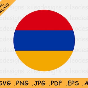 Op de afbeelding: Een cirkelvormige afbeelding van de vlag van Armenië. De vlag is rood, blauw en oranje met drie horizontale strepen. De bovenste streep is rood, de middelste streep is blauw en de onderste streep is oranje.