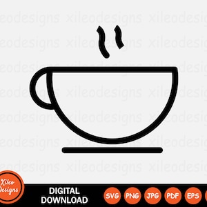 Könnte beinhalten: Eine Schwarz-Weiß-Linienzeichnung einer Kaffeetasse mit aufsteigendem Dampf. Die Tasse hat einen Henkel und einen abgerundeten Boden.