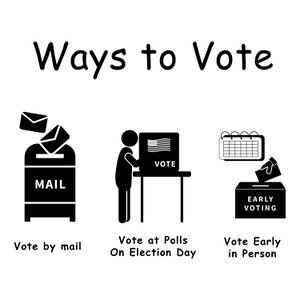 May include: Black and white illustration showing three ways to vote: by post, at the polling station on Election Day, and early in person. The image includes a post box, a person voting at a polling station, and a ballot box.