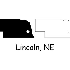 May include: A black and white outline map of Nebraska with a star marking the location of Lincoln, NE. The text "Lincoln, NE" is written below the map.