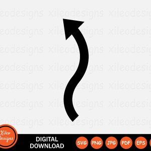 May include: Black curved arrow pointing upwards. The arrow is thick and has a rounded tip. The arrow is a digital download.