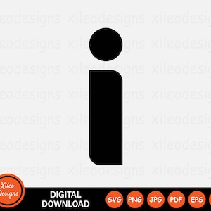 May include: A black graphic of the lowercase letter "i" with a dot above it. The image includes the text "DIGITAL DOWNLOAD" and file type icons. The logo for "Xileo Designs" is in the lower left corner.