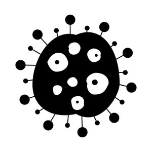 Könnte beinhalten: Schwarz-weiß-Illustration eines Virus mit stacheliger Außenseite und einem runden, strukturierten Zentrum.