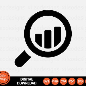 Puede incluir: Icono en blanco y negro de una lupa con un gráfico de barras en su interior. El icono es una descarga digital disponible en los formatos SVG, PNG, JPG, PDF, EPS y AI.