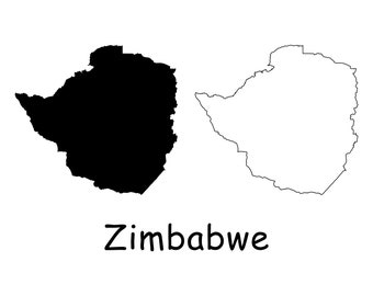 Map of Zimbabwe, Zimbabwean Map, Black White Detailed Solid Line Boundary Country Map of Zimbabwe, Instant Digital Download svg png eps ai