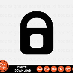 May include: Black digital download graphic of a padlock shape. The design features a rounded top with a rectangular cutout at the bottom. The image includes the text "DIGITAL DOWNLOAD" and file type icons.