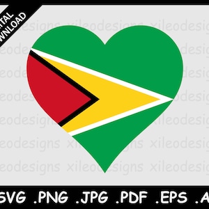 May include: A green heart-shaped graphic with the flag of Guyana. The flag features a yellow arrow pointing to the left with a red triangle behind it, all on a green background.