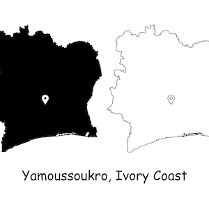 Yamoussoukro Elfenbein Küstenkarte Hauptstadt Landkarte Pin Schwarz Weiß Silhouette Umriss Geografie Region Landkarten jpg svg png ai eps