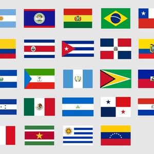 May include: A collection of 25 flags representing countries in the Americas. The flags are arranged in five rows of five flags each. The flags are all rectangular and have a variety of colors and designs.