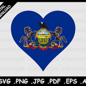 May include: A blue heart-shaped graphic with the Pennsylvania state seal. The seal features a shield with a ship, two horses, and the words "Virtue, Liberty, and Independence".