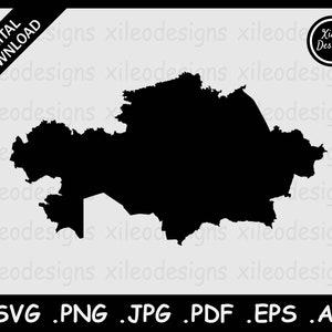 Mapa SVG do Cazaquistão, fronteira nacional do país do Cazaquistão, recorte de silhueta preta Cricut Cut File Vector, png jpg jpeg pdf ai eps