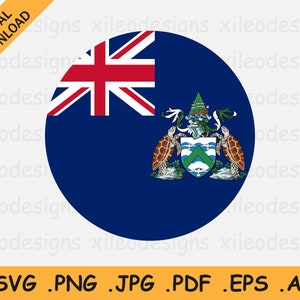 Könnte beinhalten: Eine kreisförmige Flagge der Britischen Jungferninseln. Die Flagge ist blau mit einem weißen Union Jack in der oberen linken Ecke. Die rechte Seite der Flagge zeigt ein Wappen mit zwei grünen Meeresschildkröten, einem weißen Schild mit einem grün-blauen Wellenmuster und einem grünen Baum.