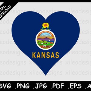 Könnte beinhalten: Eine blaue herzförmige Grafik mit dem Staatssiegel von Kansas und dem Wort "KANSAS" in gelben Buchstaben.