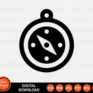 May include: Black and white compass icon with a needle pointing north. The compass is surrounded by a circle with four small circles around the edge.