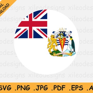 Könnte beinhalten: Ein weißer Kreis mit einer blauen und roten Union Jack Flagge oben links. Die rechte Seite des Kreises zeigt ein Wappen mit einem Löwen, einem Schiff, einem Pinguin und den Worten "Forschung und Entdeckung".