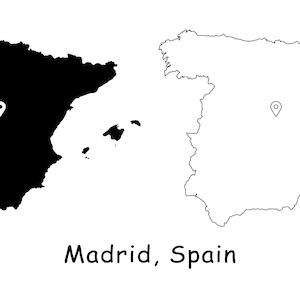 Madrid Spanje Kaart Hoofdstad Stad Land Locatie Pin Zwart Wit Silhouet Schets Geografie Regio Gebied Plaats Spaanse Kaart jpg svg png ai eps