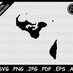 May include: Black and white silhouette of the islands of Samoa. The islands are in the shape of a crescent moon. The image is on a white background.