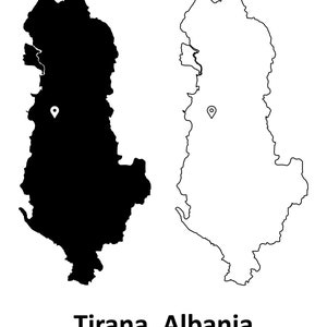 Tirana Albanien Detaillierte Landkarte Hauptstadt Ort Pin Schwarz Weiß Silhouette Umriss Geografie Region Landkarten jpg svg png ai eps