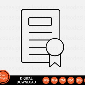 May include: A black and white line art illustration of a certificate with a seal and ribbon. The certificate has a blank space for a title and lines for text. The seal is a circle with a blank space inside. The ribbon is tied in a bow.