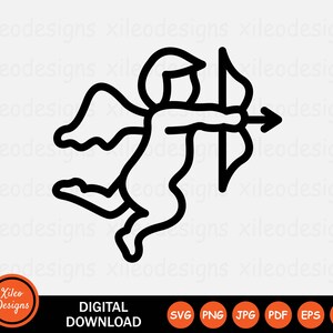 May include: Black and white line art illustration of Cupid, the Roman god of love, shooting an arrow from a bow.