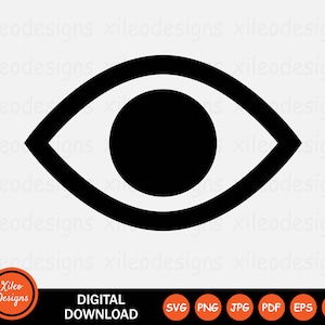 May include: Black and white silhouette of an eye. The eye is outlined in black and has a black circle in the center.