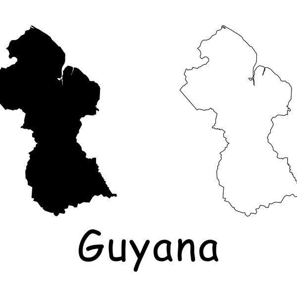 Map of Guyana, Guyanese Map, Black and White Detailed Solid Outline Boundary Country Map of Guyana, Instant Digital Download svg png eps ai