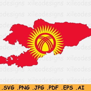 Kirgizië Kaart Vlag SVG - Kirgizische Cricut Cut File, Land Natie Silhouet Outline Atlas, Scrapbook Clipart Vector Icon, eps ai png jpg pdf