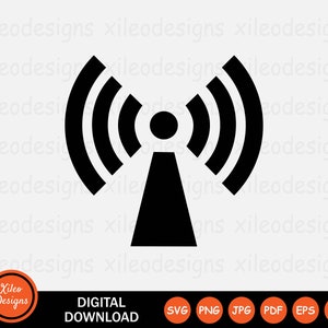 Könnte beinhalten: Schwarz-weiße Silhouette eines drahtlosen Signal-Icons. Das Icon zeigt einen Turm mit drei nach außen strahlenden, gekrümmten Linien, die Funkwellen darstellen.