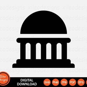 Puede incluir: Silueta en blanco y negro de un edificio con una cúpula en la parte superior. El edificio tiene una base rectangular con cuatro columnas.