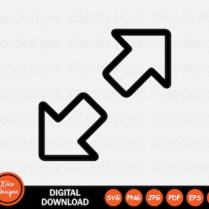 May include: Black and white line art illustration of two arrows pointing in opposite directions. The arrow on the left points down and to the right, while the arrow on the right points up and to the left.