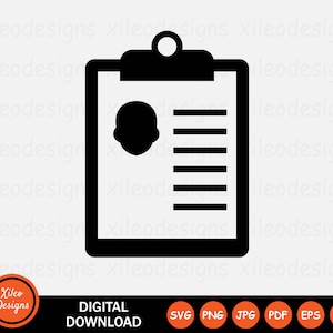 May include: Black and white icon of a clipboard with a silhouette of a person's head at the top and lines for text below. The clipboard has a clip at the top.