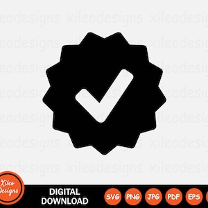May include: Black and white checkmark icon inside a black starburst shape. The icon is a digital download available in SVG, PNG, JPG, PDF, EPS, and AI formats.