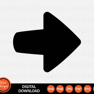 May include: A black arrow pointing right, with a rounded head and a rectangular base. The image includes the text "DIGITAL DOWNLOAD" and file type icons. A circular logo with the text "Xileo Designs" is in the lower left corner.