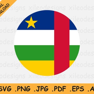 May include: A circular flag of the Central African Republic. The flag is blue, white, green, yellow, and red. A yellow five-pointed star is in the upper left corner of the flag.