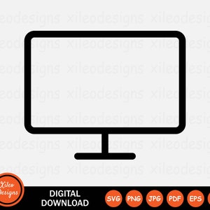 May include: Black and white icon of a computer monitor with a flat screen and a stand. The icon is a digital download.