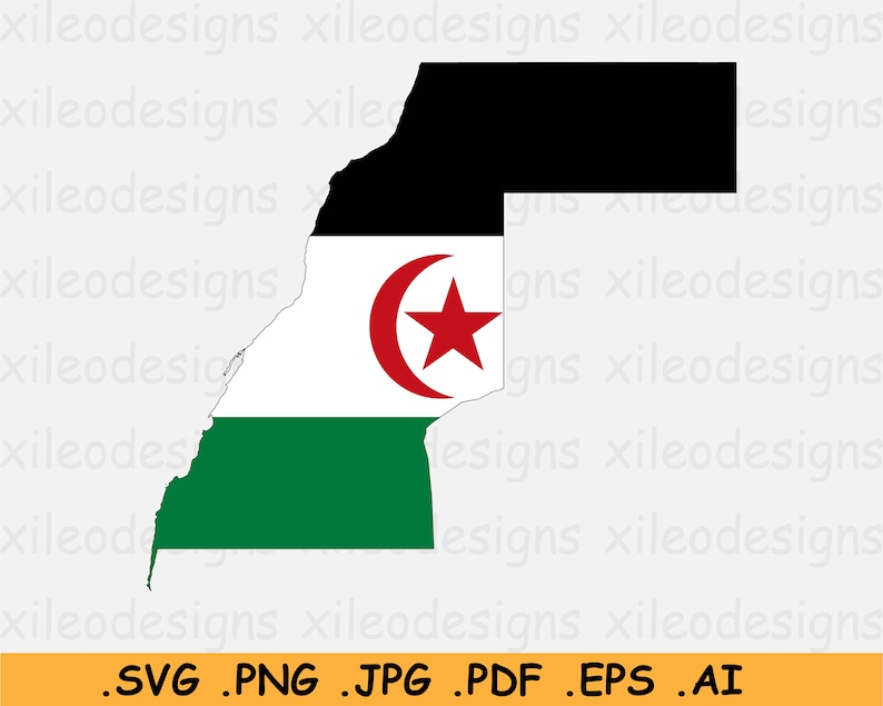 Carte du drapeau du Sahara occidental SVG Cricut Cut File, Country Nation Silhouette outline Atlas, Scrapbook Clipart Vector Icon - svg eps ai png jpg pdf image 1