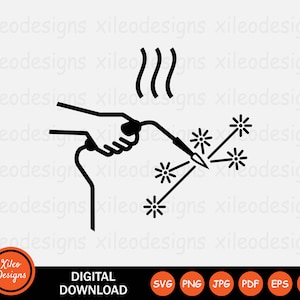 May include: Black and white illustration of a hand holding a welding torch with sparks flying from the tip.
