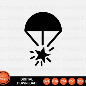 May include: Black and white silhouette of a parachute with a starburst at the bottom. The parachute is open and the starburst is a symbol of a successful landing.