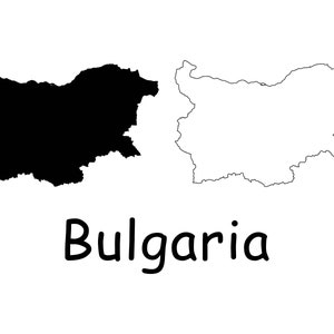 Mapa de Bulgaria, Mapa de Bulgaria, Mapa de Bulgaria con contorno sólido detallado en blanco y negro, Descarga digital instantánea svg png eps ai