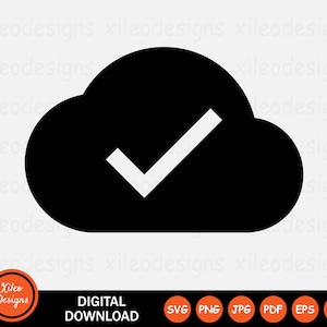 Può includere: Icona di nuvola nera con un segno di spunta bianco al suo interno. L'icona rappresenta il caricamento di file o il trasferimento di dati sul cloud con successo.