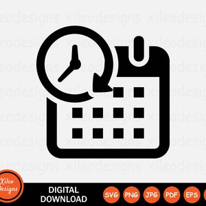 May include: Black and white icon of a calendar with a clock and arrow circling it. The icon represents scheduling or time management.