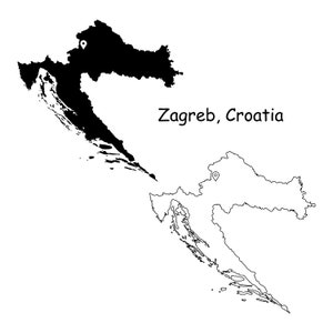 Zagreb Kroatien Karte Hauptstadt Landort Pin Schwarz Weiß Silhouette Umriss Geografie Region Region Kroatien Landkarten jpg svg png ai eps