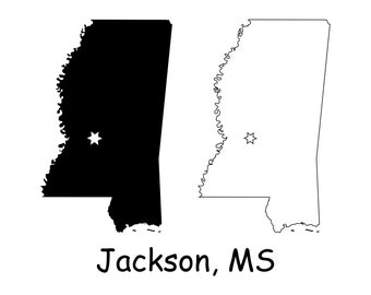 Jackson Mississippi MS Capital City Locatie op een staatskaart USA Afdrukbare Digitale Clip Art Outline Silhouette Vector jpg svg png pdf eps ai