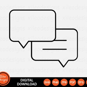 May include: Black and white line art illustration of two speech bubbles. The top bubble is a rounded rectangle with a pointed tail. The bottom bubble is a rounded rectangle with a pointed tail and a horizontal line inside.