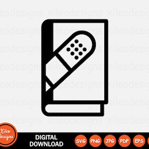 May include: Black and white icon of a book with a plaster on top of it, representing a first aid kit.