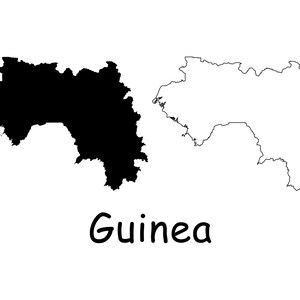 Mapa de Guinea, Mapa de Guinea, Mapa detallado en blanco y negro de contorno sólido con límites de país de Guinea, Descarga digital instantánea svg png eps ai