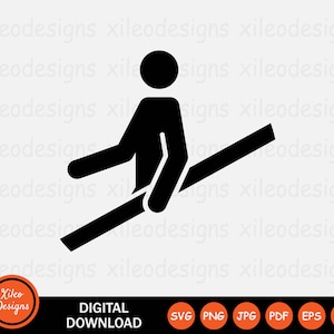 May include: Black and white silhouette of a person walking over a diagonal line. The person is facing left and has their right arm extended.